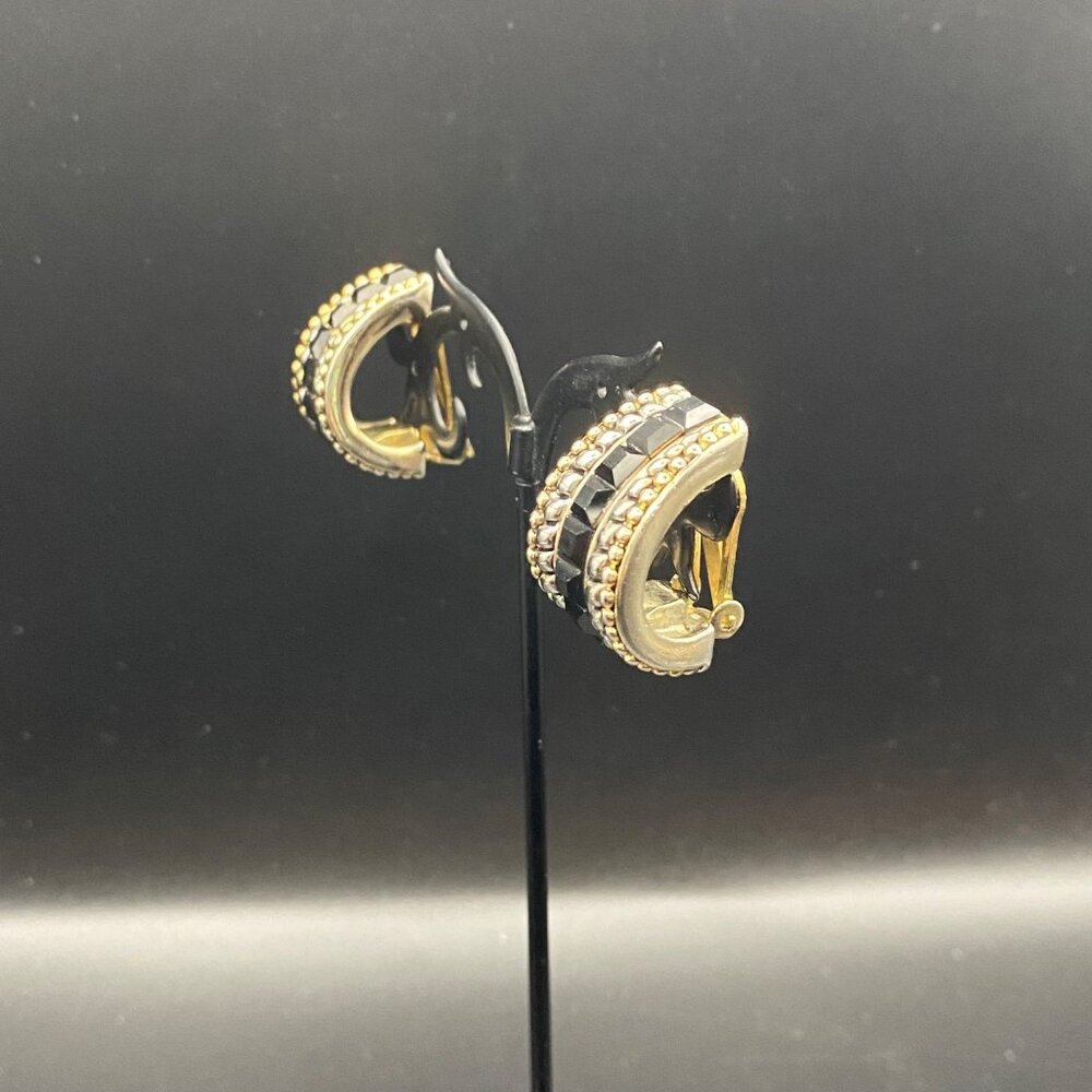 Vintage Clip-On Earrings Hoop Two Tone Black Faceted Glass Statement Chunky - Picture 7 of 10